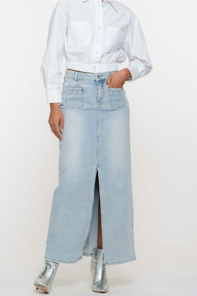 MAXI SPIJKERROK MET PATCH POCKETS 56013 10 HEAVY BLEACHED DENIM